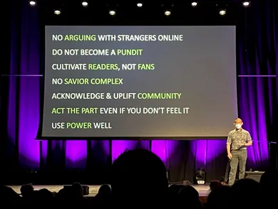 Photo of the slide of Ed Yong's rules for online engagement:  
- NO ARGUING WITH STRANGERS ONLINE
- DO NOT BECOME A PUNDIT
- CULTIVATE READERS, NOT FANS
- NO SAVIOR COMPLEX
- ACKNOWLEDGE & UPLIFT COMMUNITY
- ACT THE PART EVEN IF YOU DON'T FEEL IT
- USE POWER WELL